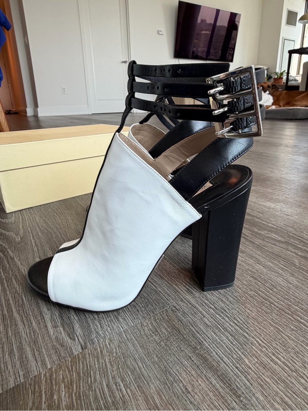 Michael Kors White and Black Strappy Peep-Toe Heel Booties